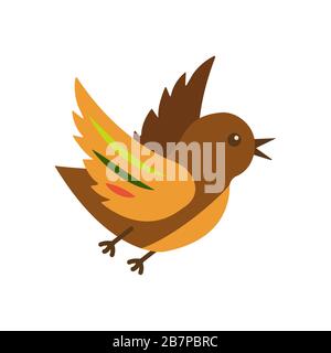 Cute bird with colorful plumage on a white background in flight flaps its wings. Brown color with bright feathers. Wildlife representative. Cartoon st Stock Vector