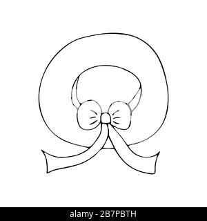 Doodle womens hat with brim, with a bow and fluttering ribbons. Headpiece for protection from the bright sun. Black and whitel illustration Stock Vector