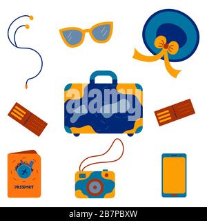 Blue travel suitcase, bag with yellow prints colorful illustration cartoon. Picking things up on the road. Camera, hat, sunglasses, headphones, passpo Stock Vector