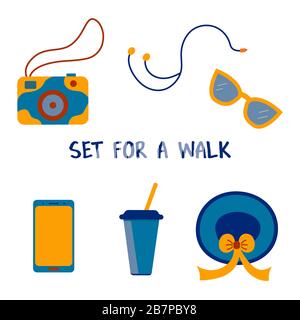 Set for a walk colorful illustration cartoon. Camera, hat, sunglasses, headphones, smartphone, a cup of coffee. Blue and yellow color. Stock Vector