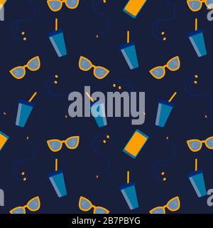 Seamless pattern with sunglasses, headphones, a smartphone and a glass with a drink on a blue background. Suitable as wrapping paper, fabric print Stock Vector