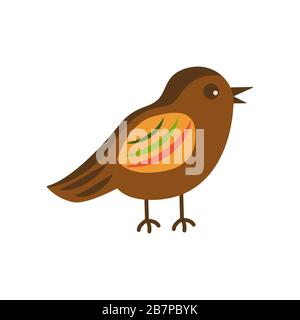 Cute bird with colorful plumage on a white background is standing. Brown color with bright feathers. Wildlife representative. Cartoon style Stock Vector