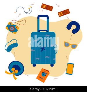 Blue travel suitcase with airplane prints colorful illustration cartoon. Picking things up on the road. Camera, hat, sunglasses, headphones, passport, Stock Vector