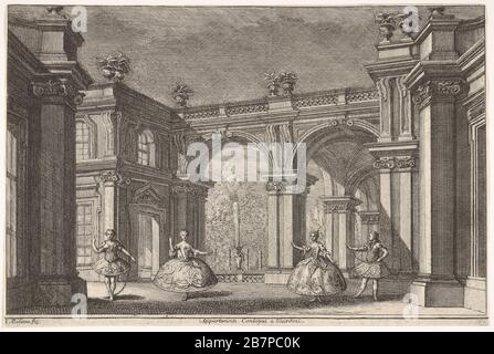 Two ladies and two gentlemen dancing within an ornate architectural setting, a fountain at center in the background, a scene from &quot;Talestri, Regina delle Amazzoni&quot;, 1765. Stock Photo