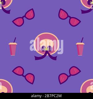 Seamless pattern with sunglasses, a women's hat with a bow and fluttering ribbons and a glass with a drink on a blue-violet background. Suitable as wr Stock Vector