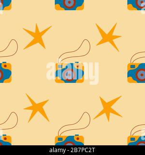 Seamless pattern with cameras and flashes when shooting on a beige background. Suitable as wrapping paper, fabric print Stock Vector