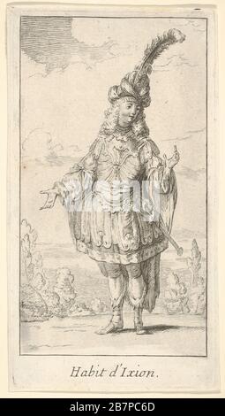 Habit d'Ixion: a man wearing a tonnelet with a sword in the belt, a turban with one large feather on his head, from 'New designs for costumes' (Nouveaux desseins d'habillements &#xe0; l'usage des balets operas et comedies), ca. 1721.  After Claude Gillot Stock Photo