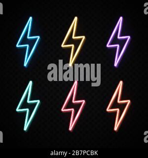 3d lightning bolt logo set on transparent background. Neon light color thunderbolt sign. Electric flash symbol. Glowing electricity design for decorat Stock Vector