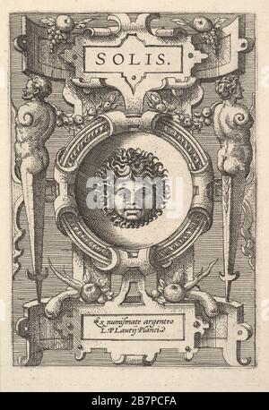Bust of Sol surrounded by strapwork, from the series 'Deorum dearumque,' a set of images of deities after coins in the collection of Abraham Ortelius, 1573. Stock Photo