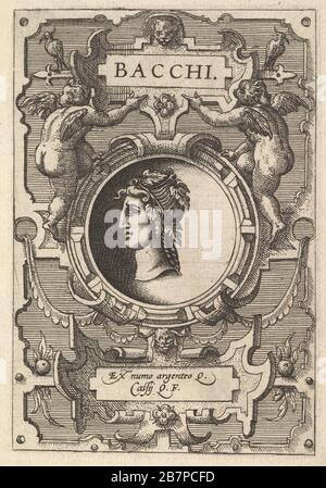 Bust of Bacchus surrounded by strapwork, from the series' Deorum dearumque,' a set of images of deities after coins in the collection of Abraham Ortelius, 1573. Stock Photo