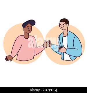 Smiling two cheerful young man waving , touching hands ,clapping hands and say Hello with colleague.Two friends man meeting giving high five. People Stock Vector