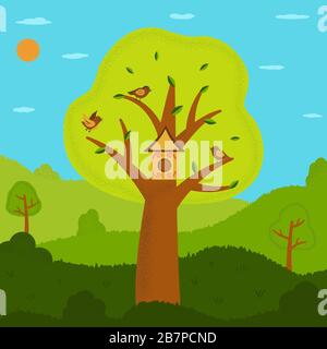 Beautiful green tree with leaves, birds, birdhouse, bushes, grass, hills and other trees behind. National Forest Day. Sunny day, blue sky. The concept Stock Vector