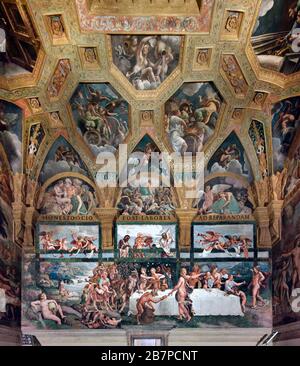'Rustic banquet' in the 'Chamber of Cupid and Psyche'. Fresco by Giulio Romano and helpers (16th century) inside Palazzo Te, Mantua, Lombardy, Italy. Stock Photo