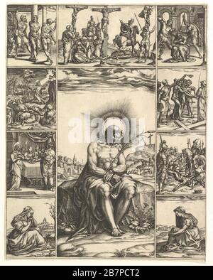 The Man of Sorrows; an image of Christ surrounded by nine vignettes depicting scenes of the Passion, by 1575.