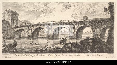 Plate 16: The Bridge at Rimini built by the Emperors Augustus and Tiberius (Ponte di Rimino fabbricato da Augusto e da Tiberio Imperatori), from Antichit&#xe0; Romane fuori di Roma, ca. 1748. Stock Photo