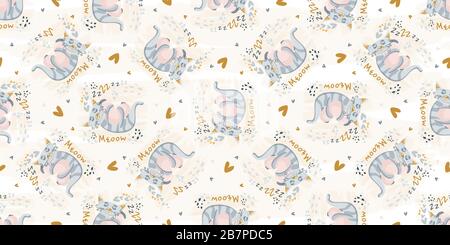 Cute cat sleeping seamless pattern. Vector nursery cartoon sleep gray animals, cute baby pattern background. Stock Vector