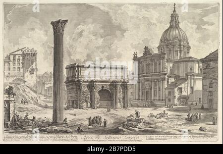 The Arch of Septimius Severus, with the Church of S. Martina on the right (Arco di Settimio Severo), ca. 1759. Stock Photo