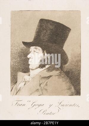 Plate 1 from 'Los Caprichos': Self-portrait of Goya ( Franco. Goya e Lucientes, Pintor), 1799. Stock Photo