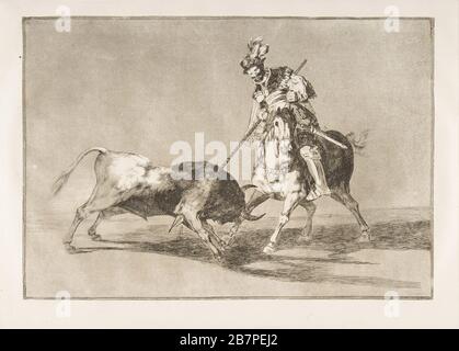 Plate 11 from the 'Tauromaquia': The Cid campeador spearing another bull., 1816. Stock Photo