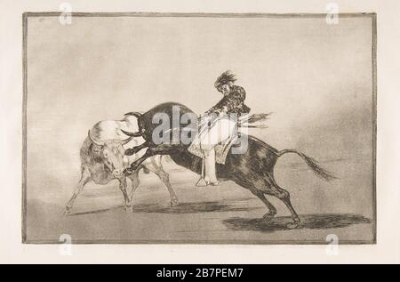 Plate 24 of the 'Tauromaquia': The same Ceballos mounted on another bull breaks short spears in the ring at Madrid., 1816. Stock Photo