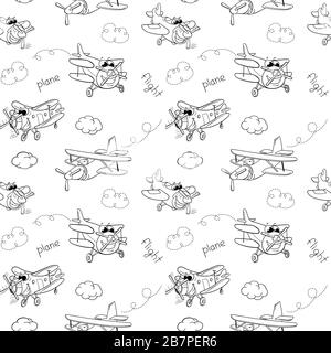 cartoon black and white planes with eyes for children. seamless vector pattern of planes, on a white isolated background, for fabric, packaging paper, Stock Vector