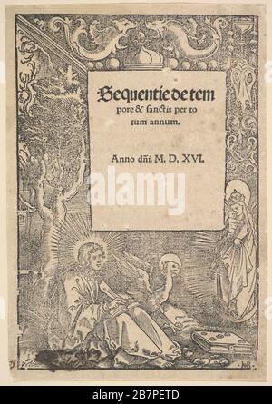 Saint John the Evangelist on Patmos, title page from Hymni de tempore et de sanctis, 1516. Stock Photo