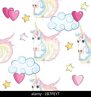 Seamless pattern with trendy cartoon patches. Unicorns, rainbows and hearts. Stock Vector
