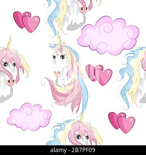 Seamless pattern with trendy cartoon patches. Unicorns, rainbows and hearts. Stock Vector