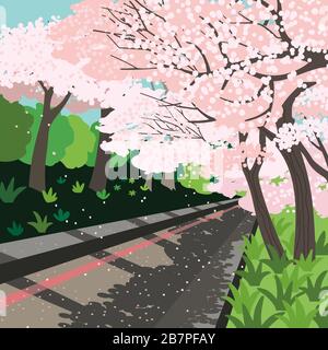 Blooming cherry trees garden path vector poster Stock Vector