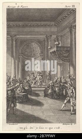 A man seated in a chair on a stepped platform holds an audience, two pointing men stand in the foreground, from a series of five illustrations after Jacques Philippe Joseph de Saint-Quentin for 'The mad day, or the marriage of Figaro' (La Folle journ&#xe9;e, ou le mariage de Figaro) by Pierre Augustin Caron de Beaumarchais, ca. 1784. Stock Photo