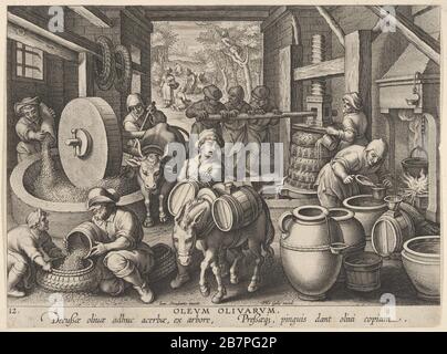 New Inventions of Modern Times [Nova Reperta], The Invention of the Olive Oil Press, plate 12, ca. 1600.  After Jan van der Straet Stock Photo
