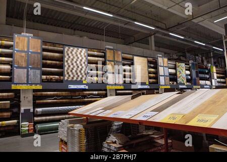 Kyiv- Dec 11 ,2019: Sample parquet boards and linoleum in hardware store, in home improvement warehouse exterior. Stock Photo