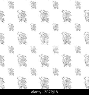 Golden fish seamless pattern. Hand drawing sketch. Black outline on white background. Vector illustration can be used in greeting cards, posters, flyers, banners, logo, further design etc. EPS10 Stock Vector