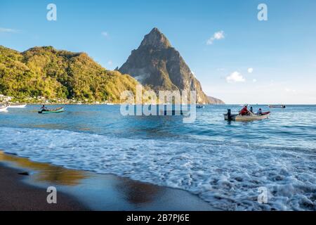 Saint Lucia Caribbean Island, huge Piton mountains at the beach of tropical Island of Saint Lucia Stock Photo