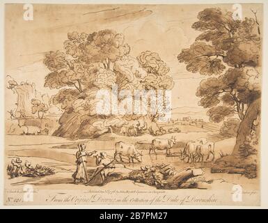 Landscape with Shepherd and Shepherdess, 1776. After Claude Lorrain. Stock Photo