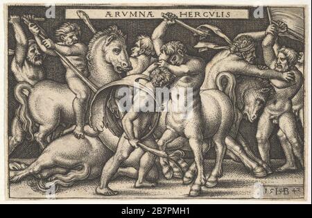 Hercules with his club in center fighting a centaur, other men fighting centaurs to left and right, from 'The labors of Hercules', 1542. Stock Photo