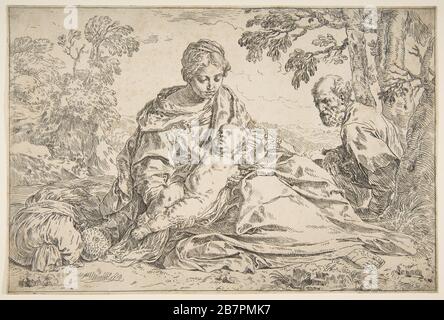 Rest on the flight into Egypt, Mary holding the infant Christ with St. Joseph at right, ca. 1640. Stock Photo