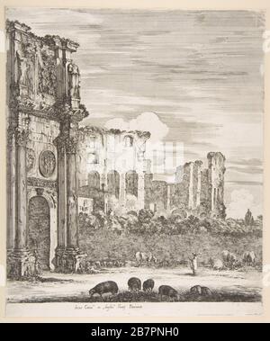 Arch of Constantine and Colosseum with sheep grazing in foreground, from 'Six large views, four of Rome, and two of the Roman countryside' (Six grandes vues, dont quatre de Rome et deux de la Campagne romaine), 1656. Stock Photo