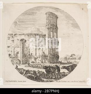 Plate 8: the Colosseum, two herds being directed towards the amphitheater in the foreground, from 'Roman landscapes and ruins' (Paysages et ruines de Rome), ca. 1646. Stock Photo