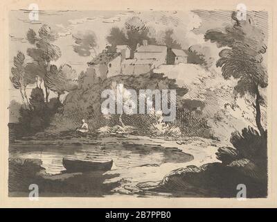 Hilly River Landscape, a Boat in the Water at Foreground Left, a Figure on the Far Shore, Houses on a Wooded Hill Beyond, 1783-84. Stock Photo