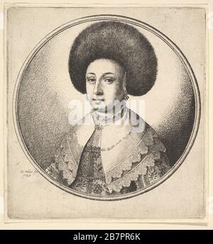 Woman with large circular fur hat and earrings, 1645. Stock Photo