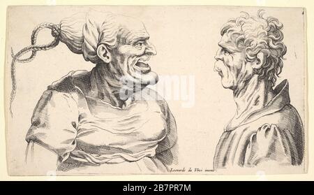 Two deformed heads, 1625-1744. Stock Photo