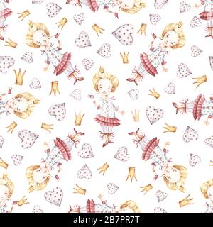 Watercolor cute nursery naive hand painted seamless pattern with princess hearts crown. Childish Handpainted print Stock Photo