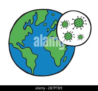 Hand drawn vector illustration of Wuhan corona virus, covid-19. World globe and viruses. Stock Vector