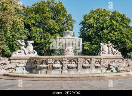 Bavaria-Munich-Germany, Oktober 13. 2019: Wittelsbacher fountain on Lenbachplatz in Munich. The Wittelsbacher Brunnen is a monumental fountain on the Stock Photo