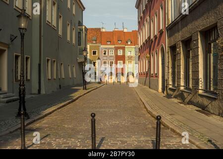 A view from Wozna street on the merchant houses that stand at the tourist center of Poznan, the old market place, Poland 2019. Stock Photo