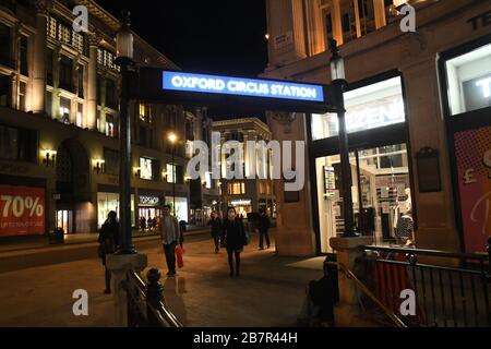 London, UK. 17th Mar 2020. Empty Oxford Street, Regent Street and underground usually full of people walking window browsing. The #coronovirus the street is empty on 17th March 2020, London, UK. Credit: Picture Capital/Alamy Live News Stock Photo