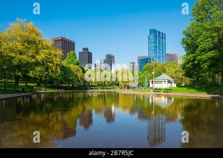 Boston common with skylines and blue sky