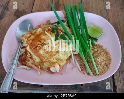 The Pad Thai on pink disk, thai food Stock Photo