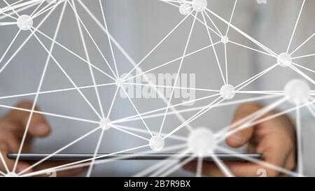 Closeup shot of a person presenting a virtual projection of a colorful digital network Stock Photo